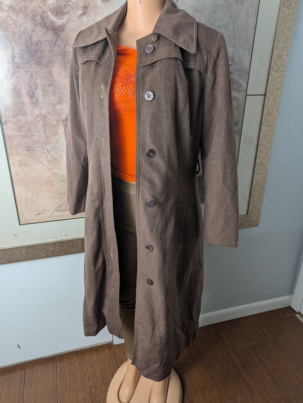 Vintage 1970s ILGWU Brown Faux Suede Longline Trench Coat Princess Cut Size S